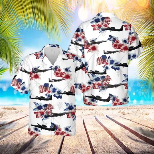 US Air Force Lockheed U-2S Dragon Lady Hawaiian Shirt with USA Flag Floral Print