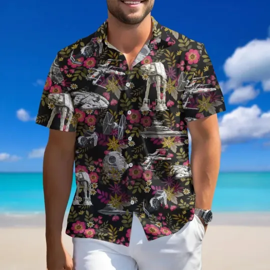 Discover Disney Star Wars Space Battle Tropical Flowers Black Hawaiian Shirt