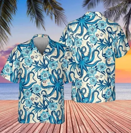 Discover Octopus Blue Hawaiian Shirt Unisex Ocean Print