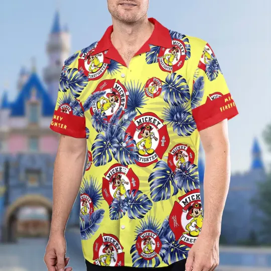 Discover Disney Mickey Firefighter Funny Tropical Vacation Yellow Hawaiian Shirt