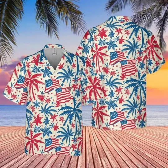 Discover 4th of July Hawaiian Shirt, Button-Down, America Flag, Clothing