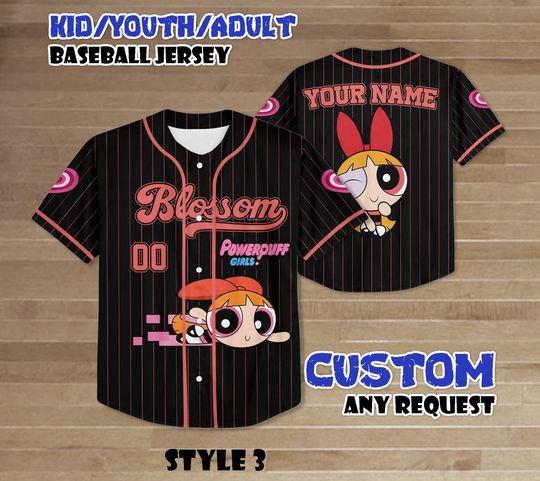 Discover Personalized Blossom Baseball Jersey, Custom Powerpuff Girls Shirt, Cartoon Sports Outfit, Matching Family Tee