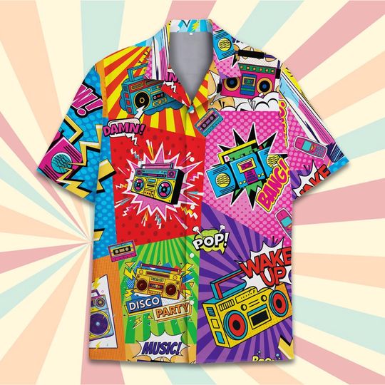 Discover Colorful Boombox Hawaiian Shirt for Men Women, Pop Art Disco Party Shirt, 80s 90s Music Aloha Summer Beach Button Down Shirt Gift