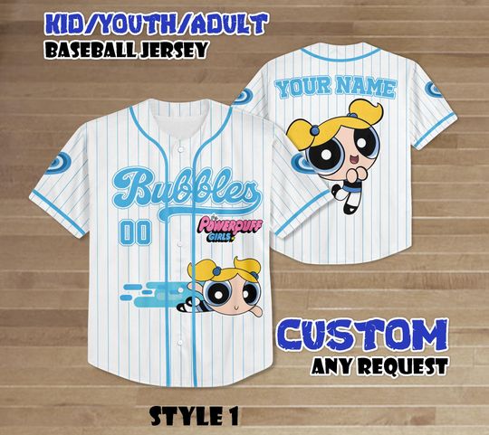 Discover Personalized Bubbles Baseball Jersey, Custom Powerpuff Girls Shirt, Cartoon Sports Outfit, Matching Family Tee