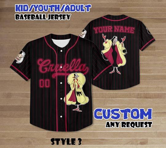 Discover Personalize Villain Cruella Baseball Jersey, Disneyland Family Trip, Disney Villains Baseball Shirt, Birthday Gifts For Fans
