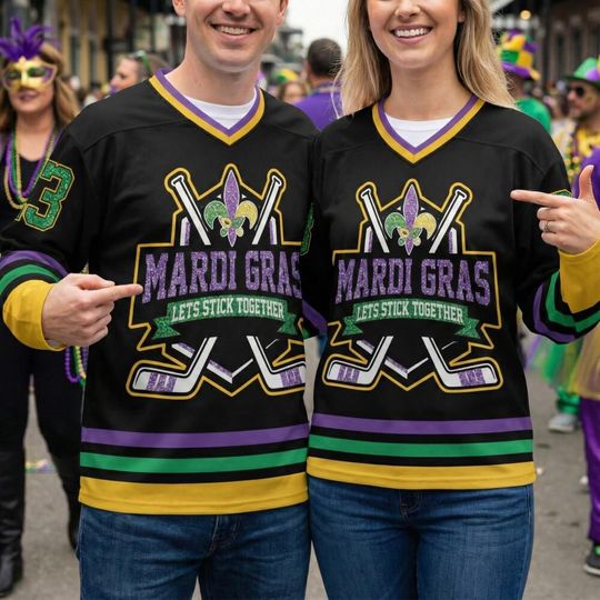 Discover Custom Black Men's Hockey Jersey with Name and Number, Fat Tuesday Parade Top, New Orleans Party Gift