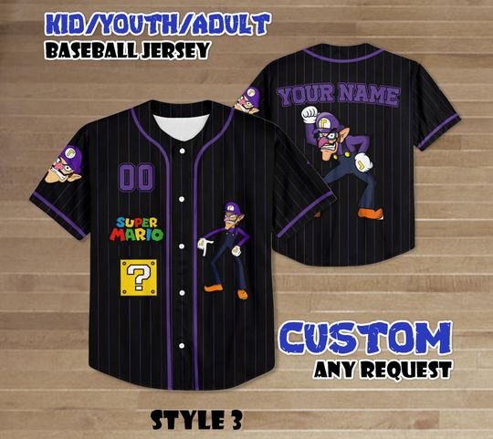 Custom Waluigi Baseball Jersey, Super Mario Team Outfit, Purple Retro Cartoon Tee