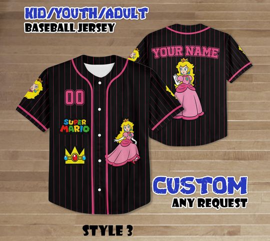 Custom Princess Peach Baseball Jersey, Super Mario Team Outfit, Video Game Kids Jersey