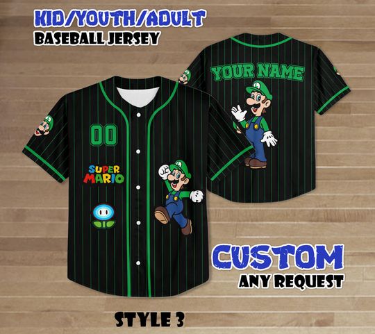 Custom Luigi Baseball Jersey, Super Mario Team Outfit, Baseball gift for Kids