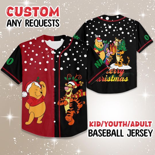 Discover Personalized Winnie The Pooh Christmas Baseball Jersey, Disney Holiday Baseball Jersey, Custom Family Disney Outfit, Festive Gift Tee