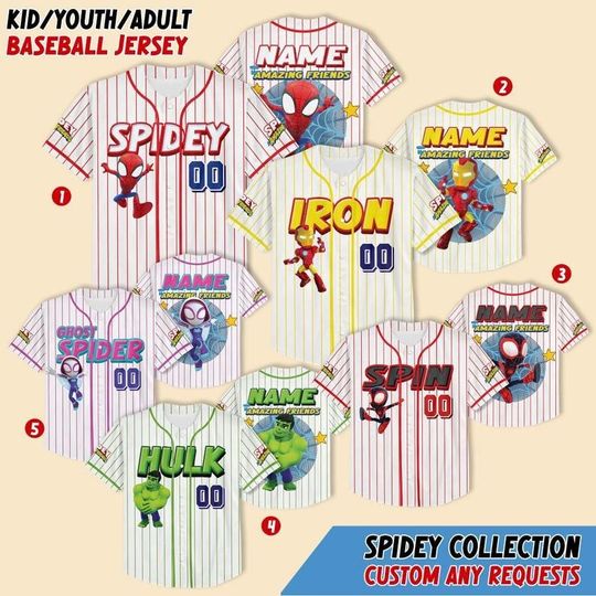 Discover Custom Spidey and his Amazing Friend Jersey, Kid Adult Spiderman Hulk Iron man Baseball Jersey, Gift for Spider Fan, Spider Man Birthday