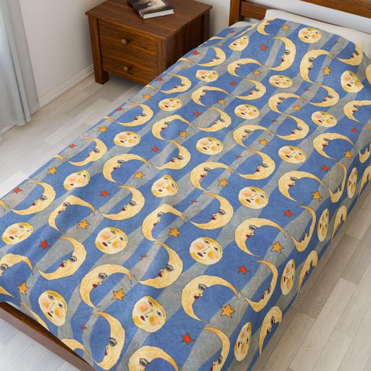 Discover Whimsical Moon Plush Blanket, Velveteen Throw, Night Sky Snuggle