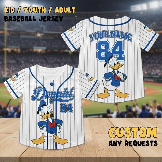 Discover Custom Donald Duck Striped Baseball Jersey, Disney Donald Baseball Shirt, Disneyland Jersey, Disneyworld Shirt, Magic Kingdom Gifts