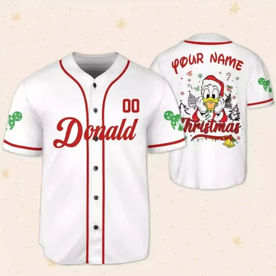 Discover Personalize Donald Duck Santa Hat Merry Christmas 3D Baseball Jersey Shirt
