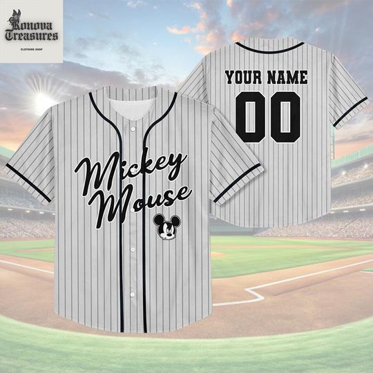 Discover Personalize Disney Mickey Mouse Sample Striped Grey, Custom Kid Youth Adult Baseball Family Team Jersey, Disneyland Cute Birthday Gift