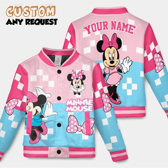 Discover Minnie Mouse Baseball Jacket  Disney Pink Varsity Jacket for Adult Kid Youth, 3D All Over Print Minnie Bomber, Family Matching Gift