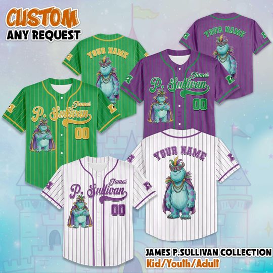 Discover Personalized James P. Sullivan Mardi Gras Baseball Jersey, Disney Monsters Inc Jersey, Matching Disney Trip Outfit