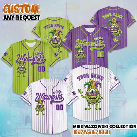 Discover Personalized Mike Wazowski Mardi Gras Baseball Jersey, Monsters Inc Jersey Shirt, Disney Pixar Matching Outfit, Birthday Gift