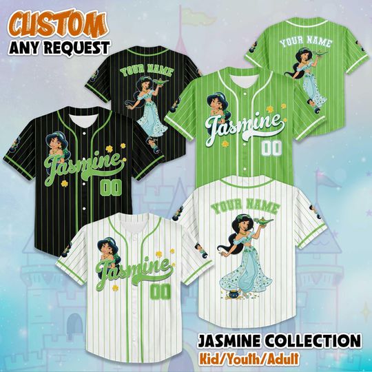 Discover Custom Jasmine St Patrick Day Baseball Jersey, Disney Jasmine Jersey Shirt, Disneyland Birthday Gift, Disney Baseball Fan Lover Gift