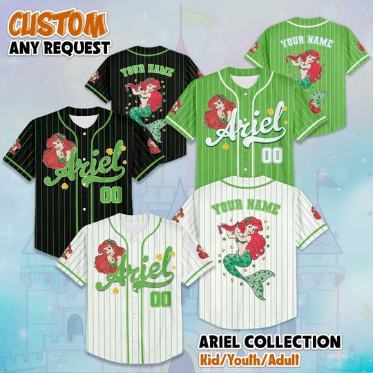 Discover Custom Ariel St Patrick Day Baseball Jersey, Disney The Little Mermaid Ariel Jersey, Disney Baseball Jersey Sports, Gifts For Fans