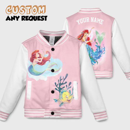 Discover Custom Disney Ariel Sebastian Flouder Locket Coquette Bow Kids and Youth Baseball Jacket, Aldult Unisex Varsity Baseball Jacket