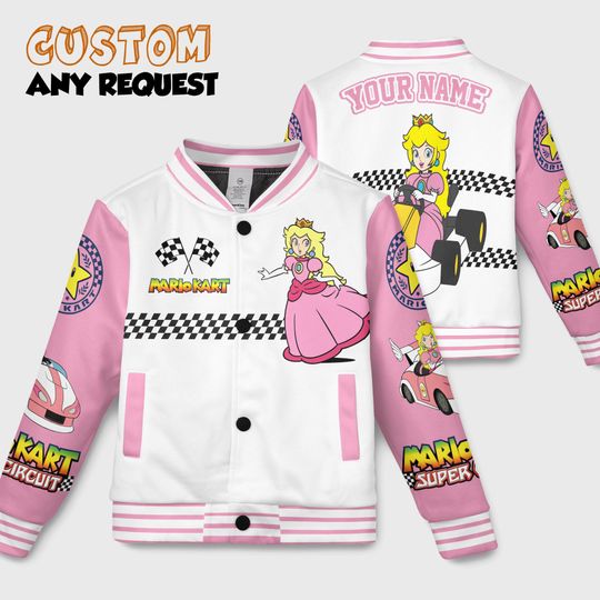 Custom Princess Peach Baseball Jacket, Mario Kart Kids Varsity Jacket, Super Mario Birthday Gift