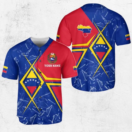 Discover Personalized Venezuela Baseball Jersey Shirt, Custom Name Button Up, Flag Colors Red Yellow Blue, Venezuela Crest & Stars, Unisex Fan Gift