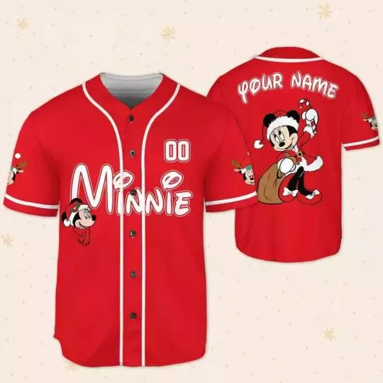 Discover Personalized Minnie Mouse Santa Gifts Giving Christmas 3D Baseball Jersey Shirt
