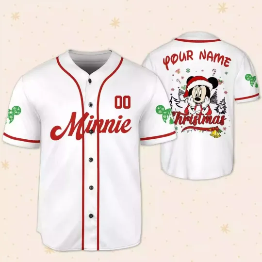 Discover Personalize Christmas Minnie Santa Hat Merry & Bright 3D Baseball Jersey Shirt