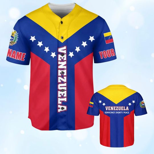 Discover Personalized Venezuela Baseball Jersey, Custom Name Shirt, Flag Colors Button Up, Patriotic Fanwear, Independence Day Gift for Men Women