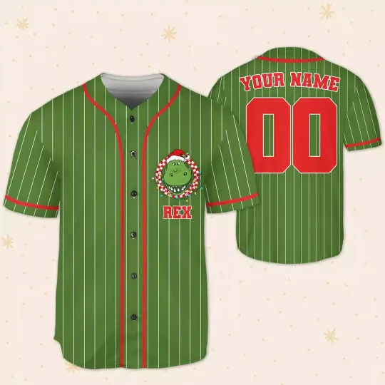 Discover Personalized Toy Story Rex Merry Christmas Simple Green 3D Baseball Jersey Shirt