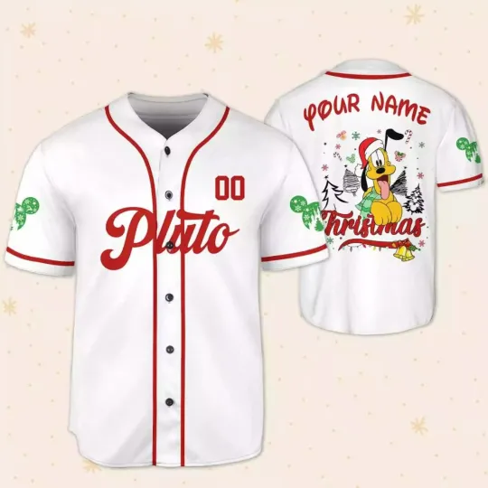 Discover Personalize Santa Pluto Dog Merry And Bright Christmas 3D Baseball Jersey Shirt