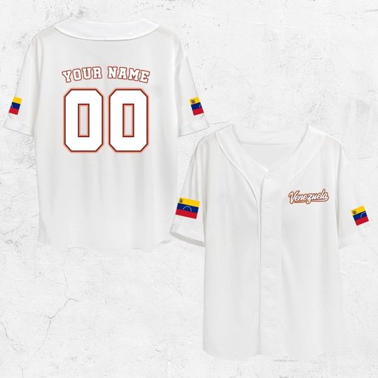 Discover Venezuela Baseball Jersey, Personalized Name & Number Button Down Shirt, White Flag Sleeve Patches, Venezuelan Pride Gift Unisex Men Women