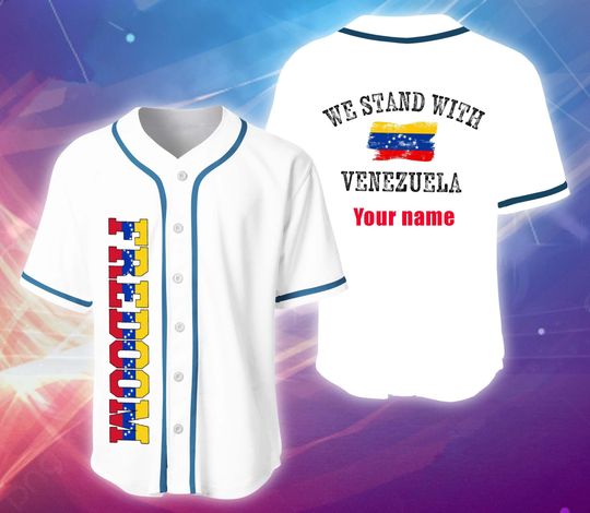 Discover Personalized Venezuela Baseball Jersey, We Stand With Venezuela Shirt, Custom Name Venezuelan Flag Fan Gift.
