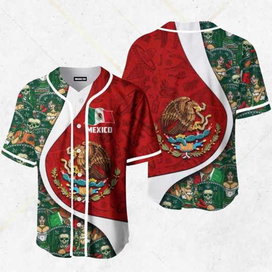 Discover Mexico Baseball Jersey Shirt  Mexican Flag Eagle Coat of Arms Button Up, Da de los Muertos Pattern, Unisex Gameday Top, Fiesta Gift Wear