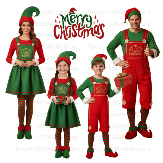 Discover 2025 Christmas Party cosplay Costume for Adult Boy Girl Holiday Family Matching Soft Red Green Elf Pajamas Set with Hat Socks