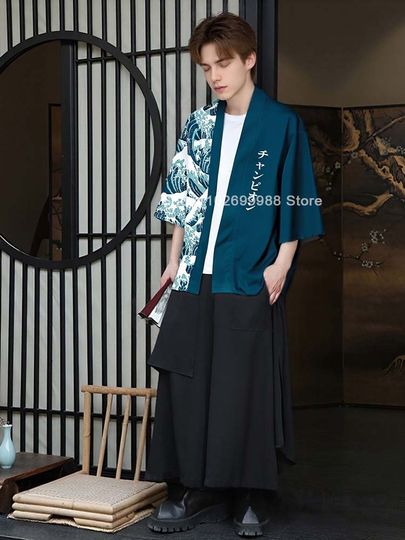 Discover Men Casual Kimonos Japanese Style Letter Print Haori Yukata Cardigan Summer Women Harajuku Loose Fit Open Front Shirts