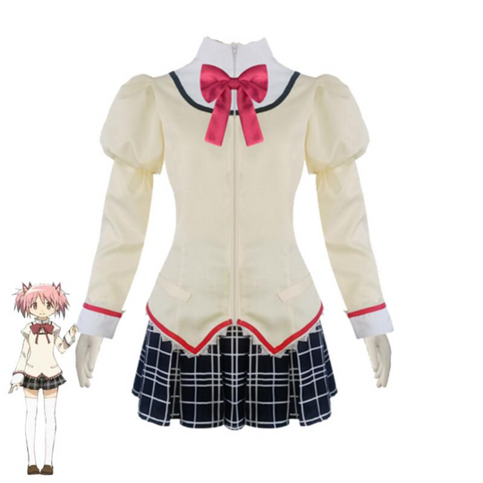 Discover Anime Magical Girl Kaname Madoka Cosplay Costume Halloween Pink Wig Red Bow Ties Hair Accessories School Uniform Full Set Outfit