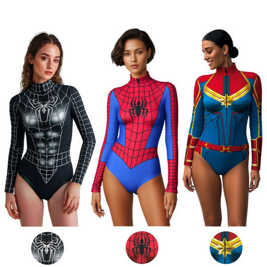 Discover Women Superhero Cosplay Bodysuit Captain Marvel Zip Up Catsuit Spiderman 3D Printed Long Sleeve Swimsuit for Halloween Role Play