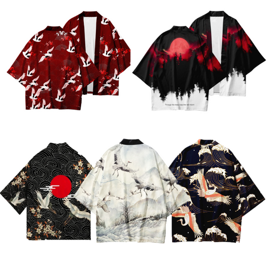 Discover Summer Asian Traditional Costume Men Crane Printed Japanese Kimono Cardigan Harajuku Yukata Dark Style Black Haori Shirt Jacket