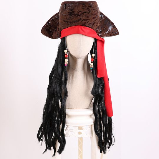 Discover Men Halloween Pirates of The Caribbean Cosplay Wig Adult Pirate Captain Jack Sparrow Black 65cm Curly Hair Cosplay Accessories