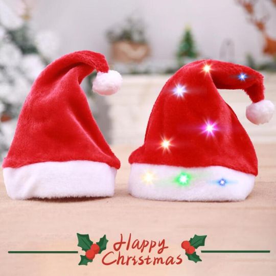 Discover 2025 Warm Soft Plush Santa Hat with Glowing Lights for Boys Adult Christmas Party Red Cosplay Headwear Xmas Decoration Gifts