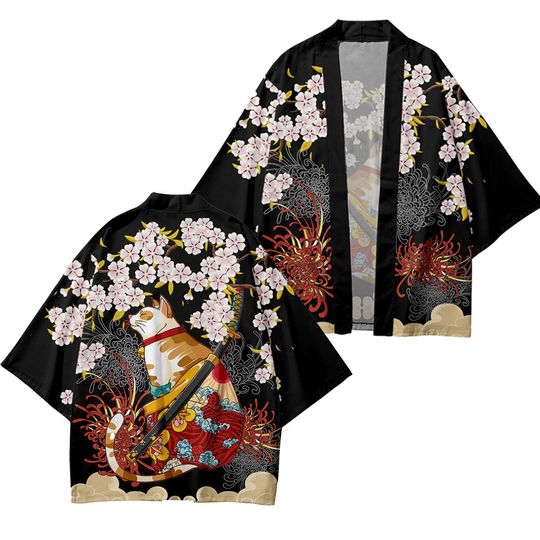 Discover Japanese Cat Print Haori Kimonos Yukata Samurai Men Women Kimono Traditional Asian Clothes Harajuku Cardigan Shirt