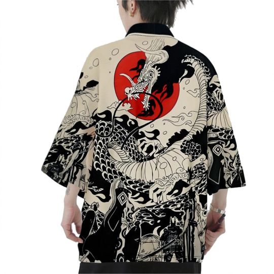 Discover Black Dragon Shirt Kimono Traditional Japanese Samurai Haori Cosplay Anime Dragon Print Loose 3/4 Sleeve Top Asian Streetwear