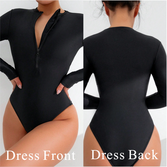 Discover 2025 Summer Women Solid Color Long Sleeve Conservative One Piece Swimsuit Chest Front Zipper Black Swimwear Beach Surf Outfit