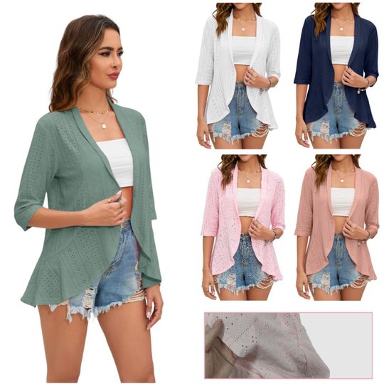 Discover Spring Summer Fashion Women Sunscreen Open Cardigan Hollow Mesh Out Breathable Ruffled Hem Design 7 Sleeves Slim Fit Outerwear