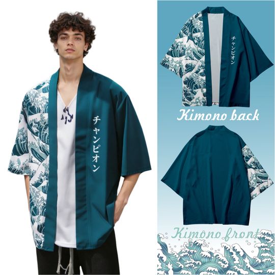 Discover Vintage Japanese Style Kimono Cardigan Blue Sea Waves Ukiyoe Print Loose Fit Haori Jacket for Men Women Casual Beach Outerwear