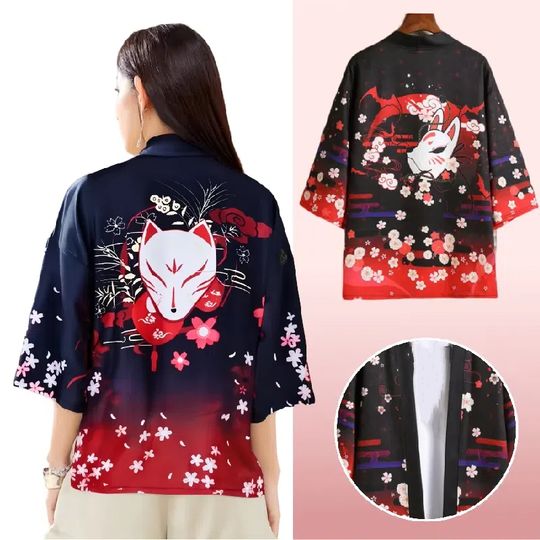 Discover Mens Gradient Asian Traditional Haori Kimono Fox Mask Pink Flower Print Open Front Yukata Jacket Japanese Anime Cosplay Costume