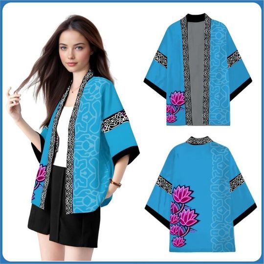 Discover Women Halloween Carnival Kimono Christmas Purple Flower Pattern Blue Japanese Kimono Role Play Cardigan Coat Cosplay Costume