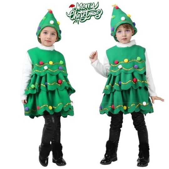 Discover 2025 Childrens Christmas Tree Dress Cosplay Costume for Girl Boy Party 2 Pieces Set Green Sleeveless Plush Ball Tops and Hat Set